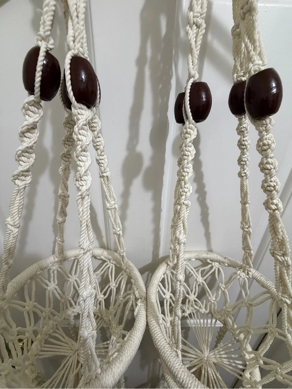 2 Vtg Macramé Hanging Planters 2 tier Pot Holders Cream Rope/Wood Beads, Tassels
